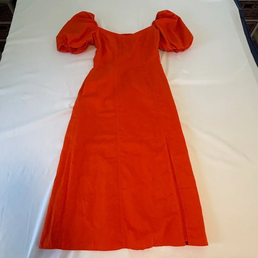 NWOT Banana Republic Orange Linen Blend Puffy Sleeve Side Slit Dress Size 2 - Picture 5 of 14